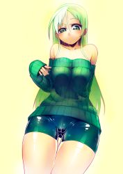 Rule 34 | 1girl, asakawa remon, bare shoulders, bike shorts, green eyes, green hair, green shirt, highres, long hair, matching hair/eyes, original, shirt, solo, sweater, thigh gap