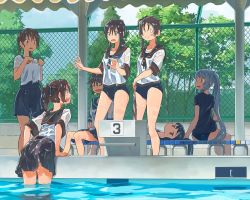 Rule 34 | 0 0, 6+girls, ayanami (kancolle), bench, black hair, black one-piece swimsuit, black sailor collar, black skirt, blue skirt, blush stickers, brown hair, chain-link fence, closed eyes, commentary request, fence, fubuki (kancolle), hatsuyuki (kancolle), kantai collection, kusakabe (kusakabeworks), low ponytail, low twintails, lying, miyuki (kancolle), multiple girls, murakumo (kancolle), one-piece swimsuit, orange eyes, pleated skirt, ponytail, sailor collar, sailor shirt, school swimsuit, school uniform, serafuku, shikinami (kancolle), shikinami kai ni (kancolle), shirayuki (kancolle), shirt, short hair, short ponytail, sidelocks, sitting, skirt, standing, swimsuit, swimsuit under clothes, tree, twintails, water, wet, wet clothes, wet swimsuit, white shirt
