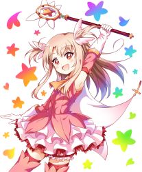 Rule 34 | 1girl, :d, arm up, blush, brown hair, cape, commentary, cowboy shot, cross, detached sleeves, dress, fate/kaleid liner prisma illya, fate (series), feather hair ornament, feathers, gloves, hair ornament, heart, highres, holding, holding wand, illyasviel von einzbern, layered dress, light brown hair, long hair, looking at viewer, magical girl, magical ruby, multicolored background, mushuu, neckerchief, open mouth, orange eyes, orange neckerchief, petticoat, pink dress, pink sleeves, pink thighhighs, prisma illya, red thighhighs, short dress, sidelocks, sleeveless, sleeveless dress, smile, solo, star (symbol), thighhighs, two side up, wand, white cape, white gloves