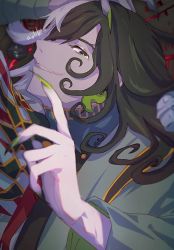 Rule 34 | 1boy, artist name, ashiya douman (fate), asymmetrical clothes, asymmetrical hair, black eyes, black hair, commentary request, curly hair, evil smile, eyeshadow, fate/grand order, fate (series), fingernails, green eyeshadow, green kimono, green lips, green nails, hadanugi dousa, hair between eyes, hair intakes, hand up, japanese clothes, kimono, long hair, looking at viewer, makeup, male focus, multicolored hair, nail polish, onmyouji, open clothes, open kimono, ribbed sleeves, sharp fingernails, smile, solo, toned, toned male, two-tone hair, upper body, very long fingernails, very long hair, waterstaring, white hair, wide sleeves