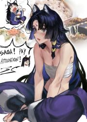 Rule 34 | 2girls, absurdres, anger vein, animal ear fluff, animal ears, arknights, bare shoulders, beans, black hair, blush, breasts, brown eyes, chest sarashi, chibi, chibi inset, chopsticks, commentary, dobermann (arknights), dog ears, drooling, english text, enn matien, facial mark, food, food on face, forehead mark, highres, holding, holding chopsticks, legs together, long hair, midriff, mouth drool, multiple girls, nattou, pants, photo inset, rice, saga (arknights), sarashi, sitting, small breasts, thought bubble, very long hair
