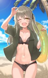 Rule 34 | 1girl, beach, bikini, black bikini, black bow, black ribbon, blue sky, blush, bow, bow bikini, bow bra, bow panties, bra, breasts, camouflage, camouflage shirt, cleavage, collarbone, commission, female focus, girls&#039; frontline, grey hair, hair ribbon, hand on own head, highres, holding, long hair, looking at viewer, medium breasts, navel, ocean, open clothes, open mouth, open shirt, panties, pixiv commission, ribbon, shirt, simple background, sky, solo, standing, stomach, swimsuit, ump40 (girls&#039; frontline), underwear, yellow eyes, yu 416416