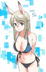 Rule 34 | 1girl, animal ears, arms behind back, artist name, bikini, black bikini, black bikini bottom, blonde hair, blue bikini, breasts, bronislava feoktistovna safonov, cleavage, cowboy shot, dated, green eyes, groin, halterneck, highres, large breasts, leaning forward, long hair, looking at viewer, monokuro graf, multicolored bikini, multicolored clothes, navel, rabbit tail, side-tie bikini bottom, smile, solo, swimsuit, tail, thighs, world witches series