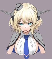 Rule 34 | 1girl, blonde hair, blue eyes, blue necktie, braid, breasts, capelet, colorado (kancolle), faker ktd, garrison cap, grey background, grey capelet, grey hat, hat, headgear, kantai collection, large breasts, looking at viewer, necktie, shirt, short hair, side braids, sideboob, simple background, sleeveless, solo, upper body, white shirt