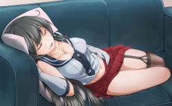 Rule 34 | 10s, 1girl, agano (kancolle), black hair, black thighhighs, blush, breasts, cleavage, collarbone, couch, closed eyes, garter straps, gloves, highres, kantai collection, large breasts, long hair, miniskirt, open mouth, pillow, saliva, saliva trail, school uniform, serafuku, single thighhigh, skirt, sleeping, solo, thighhighs, urigarasu, white gloves