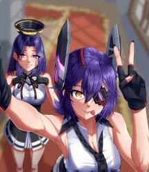 Rule 34 | 2girls, absurdres, black gloves, black skirt, blurry, breasts, checkered necktie, collared shirt, depth of field, dress shirt, eyepatch, gloves, hair intakes, hallway, halo, headgear, highres, kantai collection, large breasts, mechanical halo, multiple girls, necktie, partially fingerless gloves, purple hair, selfie, shirt, short hair, skirt, sleeveless, sleeveless shirt, tatsuta (kancolle), tatsuta kai ni (kancolle), tenryuu (kancolle), tenryuu kai ni (kancolle), timq, tongue, tongue out, upper body, white shirt, yellow eyes