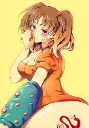 Rule 34 | 10s, 1girl, backpack, bag, blush, bodysuit, breasts, brown hair, cleavage, colored eyelashes, cowboy shot, diane (nanatsu no taizai), dragon, elbow gloves, fingerless gloves, gloves, gradient hair, holding, holding hair, kimikage11, large breasts, leotard, light smile, long hair, multicolored hair, nanatsu no taizai, parted bangs, playing with own hair, puffy short sleeves, puffy sleeves, purple eyes, short hair, short sleeves, short twintails, simple background, single elbow glove, single glove, sitting, smile, solo, tattoo, thighs, twintails, yellow background