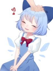Rule 34 | 1girl, :d, ^ ^, blue bow, blue dress, blue hair, blush, bow, bowtie, cirno, closed eyes, collared shirt, drawn wings, dress, eringi (rmrafrn), eyes visible through hair, fang, hair bow, hand on another&#039;s head, headpat, heart, highres, ice, ice wings, open mouth, puffy short sleeves, puffy sleeves, red neckwear, shirt, short hair, short sleeves, simple background, sleeveless, sleeveless dress, smile, solo focus, touhou, white background, white shirt, wings