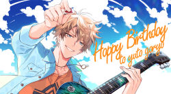 Rule 34 | 175x172nyrn, 1boy, bishounen, blue eyes, blue jacket, brown hair, character name, cloud, electric guitar, from argonavis, gibson les paul, goryou yuuto, guitar, happy birthday, highres, instrument, jacket, jewelry, male focus, necklace, orange shirt, plectrum, shirt, sky, smile, solo, upper body