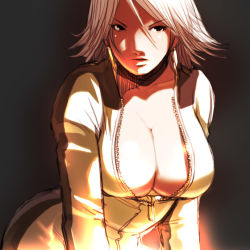 Rule 34 | 1girl, bodysuit, breasts, center opening, christie (doa), cleavage, dead or alive, earrings, falcoon, jewelry, large breasts, lips, open clothes, open shirt, shirt, short hair, solo, tecmo, unzipped, white hair