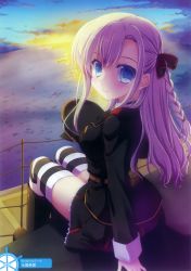 Rule 34 | 10s, 1girl, absurdres, arm support, black footwear, black hat, black skirt, blue eyes, boots, braid, from behind, hair ribbon, hat, high school fleet, highres, long hair, looking at viewer, military, military uniform, nanao naru, outdoors, ribbon, silver hair, sitting, skirt, smile, solo, striped clothes, striped thighhighs, thighhighs, uniform, wilhelmina braunschweig ingenohl friedeburg, zettai ryouiki