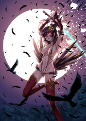 Rule 34 | 1girl, adsouto, ahoge, alternate hair length, alternate hairstyle, arms up, artist name, bikini, bird, black footwear, black hair, boots, breasts, breasts apart, bridal gauntlets, broken moon, choker, crossed bangs, elbow gloves, facing viewer, feather trim, feathers, forest, gloves, glowing, glowing eyes, hair between eyes, hair ornament, highres, holding, holding sword, holding weapon, jewelry, large breasts, mature female, micro bikini, moon, nature, navel, night, open mouth, raven branwen, red eyes, rwby, short hair, slingshot swimsuit, solo, swimsuit, sword, thigh boots, thighhighs, weapon