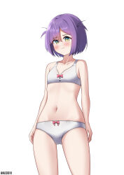 Rule 34 | 1girl, absurdres, alceid, artist name, belly, blush, blush stickers, bow, bow panties, bra, breasts, commission, eien project, green eyes, highres, looking at viewer, navel, nose, panties, purple hair, ribbon, short hair, simple background, small breasts, solo, thighs, underwear, underwear only, virtual youtuber, white background, white bra, white panties, zumi dokumi