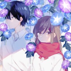 Rule 34 | 1boy, 1girl, absurdres, black eyes, black hair, blue flower, blurry, bow, bowtie, brown hair, closed mouth, collared shirt, commentary, day, expressionless, eyes visible through hair, flower, from side, hair between eyes, hair ornament, hairclip, highres, kagerou project, kisaragi shintarou, leaf, long bangs, long hair, looking ahead, looking at viewer, mekakucity actors, morning glory, muuta04, nose, open collar, outdoors, parted lips, plant, profile, purple flower, red bow, red bowtie, red scarf, scarf, school uniform, shirt, short hair, sunlight, tateyama ayano, upper body, white shirt