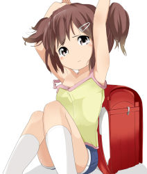 Rule 34 | 1girl, armpits, arms up, backpack, bad id, bad pixiv id, bag, blush, blush stickers, breasts, brown eyes, brown hair, camisole, child, cleavage, frown, hair ornament, hairclip, kneehighs, off shoulder, original, randoseru, short hair, short twintails, shorts, simple background, sitting, socks, solo, strap slip, tamakorogashi, tank top, tears, thighhighs, twintails, white background, white socks