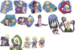 Rule 34 | 3girls, ass, bare shoulders, blonde hair, blue dress, blue eyes, blush, breasts, character sheet, dress, female focus, from behind, highres, jellyfish, kicking, lamia, lewdest labyrinth, masturbation, mminit, moaning, monster, monster girl, multiple girls, one eye closed, pain, panties, panties around leg, plant, rape, restrained, slime (substance), sunny (mminit), tentacles, underwear, vaginal, wet, wet clothes, wet panties, white background, white panties