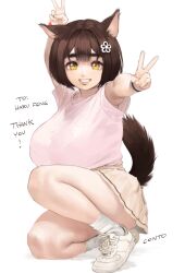 1girl alternate_hairstyle animal_ears ankle_socks arm_up armpit_peek artist_name brown_hair cat_ears cat_girl cat_tail commentary commission commissioner_name conto double-parted_bangs double_v english_commentary flower_hairpin grin highres hug on_one_knee original outstretched_arm pink_shirt pixiv_commission pleated_skirt shirt shirt_tucked_in shoes short-sleeved_sweater short_hair short_sleeves simple_background skirt smile sneakers socks solo sweater tail v white_background white_footwear white_socks yellow_eyes