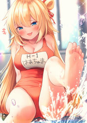 Rule 34 | +++, 1girl, :d, akai haato, arms behind back, bare legs, bare shoulders, barefoot, blonde hair, blue eyes, blurry, blurry background, breasts, bubble, cleavage, commentary request, fang, feet, foot out of frame, hair bun, hair ribbon, highres, hololive, large breasts, leg up, long hair, looking at viewer, magowasabi, nail polish, name tag, one-piece swimsuit, open mouth, red one-piece swimsuit, red ribbon, ribbon, school swimsuit, side bun, signature, single hair bun, single side bun, sitting, skin fang, smile, soles, solo, swimsuit, toes, twintails, very long hair, virtual youtuber, water, wet