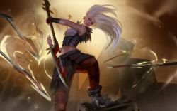 Rule 34 | 1girl, alternate costume, blue eyes, boots, gloves, guitar, holding, holding weapon, instrument, irelia, league of legends, long hair, pentakill, pentakill (league of legends), sketch, solo, speaker, spikes, suqling, weapon, white hair