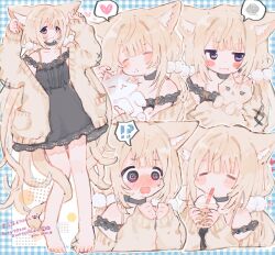 Rule 34 | !?, 1girl, :i, = =, @ @, animal ear fluff, animal ears, averting eyes, barefoot, black choker, black dress, blonde hair, blue border, blush, border, bubble tea, cardigan, cardigan partially removed, cat ears, cat girl, cat tail, choker, commentary, commission, cup, dress, drinking, english commentary, fang, flustered, furrowed brow, hands up, heart, highres, holding, holding cup, holding own ears, jitome, lace, lace-trimmed dress, lace trim, long hair, long sleeves, low twintails, mole, mole under mouth, mooosikasite, multiple views, nose blush, off-shoulder dress, off shoulder, open cardigan, open clothes, original, plaid border, pout, puckered lips, purple eyes, skeb commission, spaghetti strap, spoken heart, spoken interrobang, spoken squiggle, squiggle, tail, tail around own leg, tareme, twintails, very long hair, wavy mouth, white background, yellow cardigan