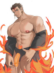 Rule 34 | 1boy, abs, absurdres, bara, bare pectorals, bare shoulders, black male underwear, briefs, cum, cum string, ear piercing, erection, facial hair, feet out of frame, fiery hair, fire, glowing, glowing penis, goatee, gugurend, highres, jacket, jacket partially removed, large areolae, large pectorals, looking at viewer, male focus, male underwear, mature male, multicolored hair, muscular, muscular male, navel, navel hair, nipples, no pants, original, pectorals, penis, piercing, red hair, short hair, sideburns, solo, stomach, streaked hair, thick thighs, thighs, underwear, veins, veiny penis, white background