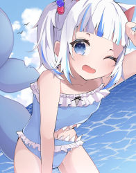 Rule 34 | 1girl, ;d, bare arms, bare shoulders, blue eyes, blue hair, blue one-piece swimsuit, blue sky, blunt bangs, clothing cutout, cloud, collarbone, commentary, cube hair ornament, day, fins, fish tail, frilled swimsuit, frills, gawr gura, hair ornament, highres, hololive, hololive english, leaning forward, looking at viewer, meme attire, multicolored hair, navel, one-piece swimsuit, one eye closed, one side up, open mouth, outdoors, shark tail, short hair, sky, smile, solo, stomach cutout, streaked hair, swimsuit, tail, two-tone hair, uica, virtual youtuber, water, white hair
