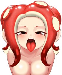 Rule 34 | 1girl, absurdres, blush, breasts, close-up, fang, half-closed eyes, highres, large breasts, long hair, looking at viewer, matching hair/eyes, nintendo, octoling, octoling girl, octoling player character, open mouth, oral invitation, out-of-frame censoring, pero (pero7762), red eyes, red hair, simple background, solo, splatoon (series), splatoon 2, splatoon 2: octo expansion, teeth, tentacle hair, tongue, tongue out, topless frame, upper body, uvula, white background