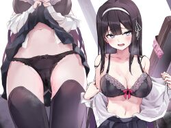 Rule 34 | 1girl, black bra, black hair, black panties, black skirt, black thighhighs, blush, bow, bra, breasts, cleavage, clothes lift, collarbone, commentary request, condom, condom wrapper, desk, grey eyes, hair bow, hairband, highres, lace, lace-trimmed bra, lace trim, lifted by self, long hair, looking at viewer, medium breasts, multiple views, navel, open clothes, open mouth, open shirt, original, panties, school desk, school uniform, shirt, skirt, skirt lift, standing, thighhighs, toshizou (0714), underwear, white shirt