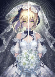 Rule 34 | 1girl, ahoge, artoria pendragon (all), artoria pendragon (fate), bare shoulders, blonde hair, bouquet, bow, bridal veil, detached sleeves, dress, fate/grand order, fate (series), flower, gloves, green eyes, hair bow, hair ribbon, highres, holding, holding bouquet, holding flower, holding sword, holding weapon, light smile, lily (flower), long hair, ponytail, poshii (posy), ribbon, saber lily, skirt, smile, solo, sword, type-moon, upper body, veil, weapon, wedding dress, white dress, white flower, white legwear, white veil