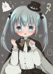 Rule 34 | 1girl, :o, black bow, black cape, black hat, black skirt, blue eyes, blue hair, blush, bow, brown bow, candy, candy cane, cape, claw pose, commentary request, dress shirt, fang, fingernails, flying sweatdrops, food, gochuumon wa usagi desu ka?, grey background, grey cape, grey nails, hair bow, halloween, hands up, hat, highres, kafuu chino, layered skirt, long hair, long sleeves, looking at viewer, mini hat, mini top hat, multicolored cape, multicolored clothes, nail polish, open mouth, pleated skirt, rin (fuwarin), shirt, skirt, sleeves past wrists, solo, star (symbol), suspender skirt, suspenders, tilted headwear, tippy (gochiusa), top hat, twintails, upper body, white shirt