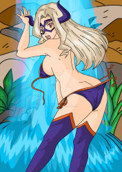 Rule 34 | 1girl, armpits, artist request, ass, back, bare shoulders, bikini, blonde hair, blue bikini, blue mask, blue thighhighs, boku no hero academia, breasts, curly hair, day, deviantart, domino mask, embarrassed, eyelashes, fake horns, female focus, from behind, hand up, highres, horns, in water, leaves, legs, long hair, looking at viewer, mask, medium breasts, mount lady, multicolored hair, nature, open mouth, outdoors, parted bangs, plant, purple eyes, side-tie bikini bottom, sideboob, sidelocks, standing, swimsuit, thighhighs, thighs, traditional media, two-tone hair, wardrobe malfunction, water, waterfall