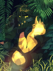 Rule 34 | 1boy, animal ears, bara, black eyes, colored sclera, covering own eyes, eyes in shadow, feet out of frame, furrowed brow, furry, furry male, green sclera, hiding, highres, looking at viewer, macan (housamo), male focus, muscular, muscular male, pectorals, plant, sad, sanpaku, solo, squatting, suna sand1, tearing up, thick eyebrows, tiger boy, tiger ears, tokyo houkago summoners, yellow fur