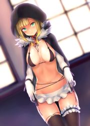 Rule 34 | 1girl, black bra, black thighhighs, blonde hair, blurry, blurry background, blush, bra, breasts, cape, commentary request, fate/grand order, fate (series), frills, fur collar, gloves, green eyes, hat, highres, kagutsuchi (l&#039;archange), large breasts, long hair, looking at viewer, lord el-melloi ii case files, reines el-melloi archisorte, skirt, smile, solo, thighhighs, underwear, white gloves, white skirt, window