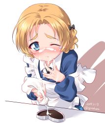 Rule 34 | 1girl, apron, artist name, blonde hair, blue eyes, blush, bow, braid, cake, closed mouth, cream, cream on face, dated, food, food on face, girls und panzer, hair bow, hair ornament, highres, kuzuryuu kennosuke, looking at viewer, maid, maid apron, one eye closed, orange pekoe (girls und panzer), sexually suggestive, short hair, simple background, solo, standing, suggestive fluid, white background