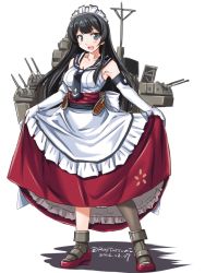 Rule 34 | 10s, 1girl, adapted costume, agano (kancolle), alternate costume, apron, bare shoulders, belt, black hair, breasts, brown thighhighs, cannon, elbow gloves, enmaided, gloves, green eyes, kantai collection, long hair, long sleeves, machinery, maid, maid apron, maid headdress, necktie, open mouth, puffy sleeves, single thighhigh, skirt, smile, smokestack, solo, tatsumi ray, thighhighs, waist apron, white gloves