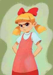 Rule 34 | 1girl, alkemanubis, angry, arms behind back, black eyes, blonde hair, bow, dress, flat chest, green background, hair bow, helga g pataki, hey arnold!, highres, looking at viewer, low twintails, nickelodeon, pink dress, shirt, short hair, short sleeves, sleeveless, sleeveless dress, standing, twintails, white shirt
