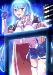 Rule 34 | 1girl, :d, absurdres, alear (female) (fire emblem), alear (fire emblem), blue eyes, blue hair, blue sky, breasts, building, cape, crossed bangs, fire emblem, fire emblem engage, gloves, hair between eyes, highres, large breasts, long hair, long sleeves, looking at viewer, night, nintendo, open mouth, red cape, shirt, skirt, sky, smile, thighhighs, to (tototo tk), very long hair, waving, white shirt