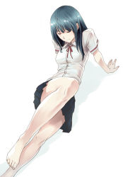Rule 34 | 1girl, arm support, barefoot, blue hair, closed eyes, feet, hiro17, legs, long hair, pleated skirt, revision, shadow, short sleeves, skirt, smile, solo, white background