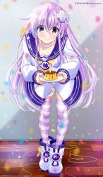 Rule 34 | bowing, breasts, candle, choker, cleavage, collar, food, hair ornament, hairclip, helvetica sta, helvetica std, highres, leggings, long hair, medium breasts, nepgear, neptune (series), plate, pudding, purple eyes, purple hair, ribbon, shirt, shoes, smile, striped clothes, striped thighhighs, thighhighs, thighs