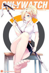 Rule 34 | 1girl, barefoot, belt, blonde hair, blue eyes, blue skirt, breasts, casual, collarbone, collared shirt, cover, cover page, crossed legs, desk, feet, foot focus, foreshortening, high ponytail, highres, holding, holding staff, logo, looking at viewer, medium breasts, mercy (overwatch), miniskirt, nakatokung, on desk, overwatch, overwatch 1, patreon, patreon username, ponytail, shirt, short sleeves, simple background, sitting, on desk, skirt, smile, solo, staff, toes, watermark, web address, white background, white shirt