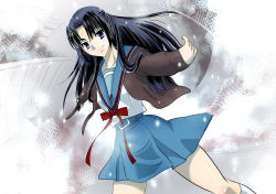 Rule 34 | asakura ryouko, blue eyes, blue hair, cardigan, highres, knife, long hair, school uniform, sentape, serafuku, solo, suzumiya haruhi no yuuutsu