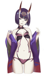 Rule 34 | 1girl, absurdres, bad id, bad pixiv id, breasts, cowboy shot, cropped legs, fangs, fate/grand order, fate (series), gluteal fold, hair ornament, highres, horns, keli bang, looking at viewer, navel, off shoulder, pale skin, purple eyes, purple hair, revealing clothes, short hair, shuten douji (fate), shuten douji (first ascension) (fate), simple background, skin-covered horns, small breasts, smile, solo, white background