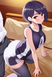 Rule 34 | 1boy, 1girl, all fours, ass, bare arms, bare shoulders, bed, black pants, blush, breasts, closed mouth, huyumitsu, indoors, jersey, large breasts, original, pants, purple hair, purple thighhighs, red eyes, shirt, shorts, solo focus, thighhighs, thighs, white shirt