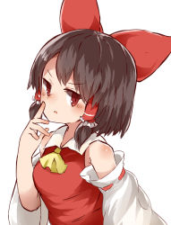 Rule 34 | 1girl, ascot, blush, bow, breasts, brown hair, commentary request, cookie (touhou), detached sleeves, frilled hair tubes, frills, hair bow, hair tubes, hakurei reimu, looking at viewer, medium breasts, open mouth, red bow, red eyes, red shirt, reu (cookie), ribbon-trimmed sleeves, ribbon trim, shirt, short hair, simple background, solo, touhou, upper body, white background, white sleeves, yellow ascot, yumekamaborosh