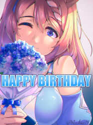 Rule 34 | 1girl, animal ears, blue dress, blue eyes, blue flower, blue sleeves, blush, bouquet, braid, breasts, brown hair, closed mouth, commentary request, detached sleeves, dress, flower, hair between eyes, happy birthday, highres, holding, holding bouquet, horse ears, horse girl, large breasts, long hair, looking at viewer, one eye closed, puffy short sleeves, puffy sleeves, reihou19, short sleeves, sleeveless, sleeveless dress, smile, solo, super creek (umamusume), umamusume, upper body