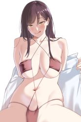 Rule 34 | 1girl, bare shoulders, bikini, black hair, blush, breasts, closed mouth, collarbone, commentary request, earrings, eye piercing, feet out of frame, hair between eyes, highres, ichinose (ichinose1592), jewelry, large breasts, licking lips, long hair, looking at viewer, mole, mole on breast, mole under eye, mole under mouth, navel, open clothes, open shirt, original, red bikini, shirt, sitting, solo, swimsuit, tongue, tongue out, white background, white shirt, yellow eyes