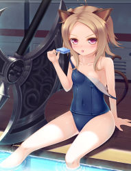 Rule 34 | 1girl, animal ears, antenna hair, axe, battle axe, blush, breasts, brown hair, cat ears, cat tail, child, collarbone, covered navel, elin, food, highres, holding, holding food, nose blush, old school swimsuit, one-piece swimsuit, partially submerged, pink eyes, planted, planted axe, popsicle, psyche3313, school swimsuit, sitting, small breasts, soaking feet, solo, strap slip, swimsuit, tail, tera online, tongue, tongue out, water, weapon