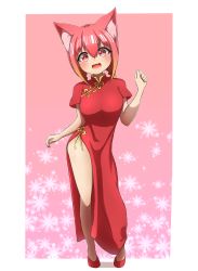 Rule 34 | 1girl, :d, absurdres, akaneko (idaten93), animal ear fluff, animal ears, blush, breasts, brown hair, cat ears, china dress, chinese clothes, contrapposto, dress, fang, floral background, full body, gradient hair, hair between eyes, hand up, head tilt, highres, idaten93, long hair, low twintails, medium breasts, multicolored hair, open mouth, original, red eyes, red footwear, red hair, shoes, short sleeves, short twintails, side slit, sidelocks, smile, solo, standing, twintails