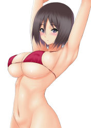 Rule 34 | 1girl, armpits, arms up, bikini, bikini top only, black hair, blush, bottomless, breasts, cleavage, large breasts, looking at viewer, muffin (sirumeria), navel, no panties, original, purple eyes, short hair, simple background, solo, string bikini, swimsuit, white background