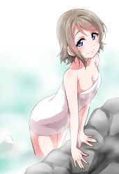 Rule 34 | 1girl, bare shoulders, blue eyes, blush, breasts, brown hair, cleavage, collarbone, commentary request, grey hair, half-closed eyes, kneeling, looking at viewer, love live!, love live! sunshine!!, medium breasts, nail polish, naked towel, onsen, pink nails, rock, seductive smile, short hair, smile, solo, steam, towel, wading, watanabe you, wet, yopparai oni